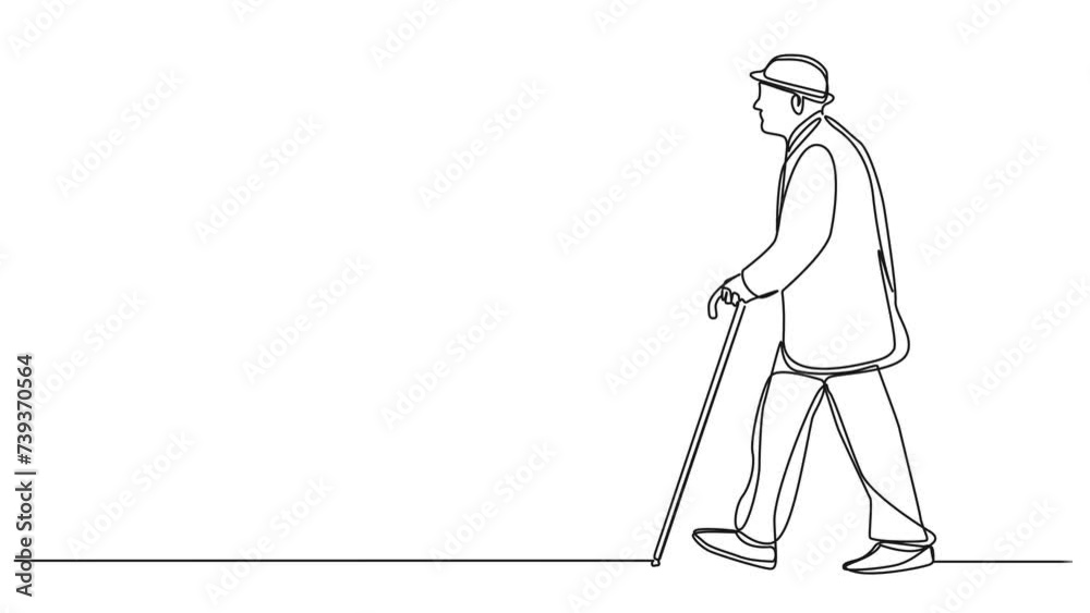 animated continuous single line drawing of elderly man walking with a cane, line art animation animated continuous single line drawing of elderly man walking with a cane, line art animation