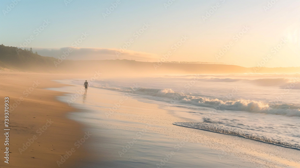 Walk on a Misty Beach at Sunrise