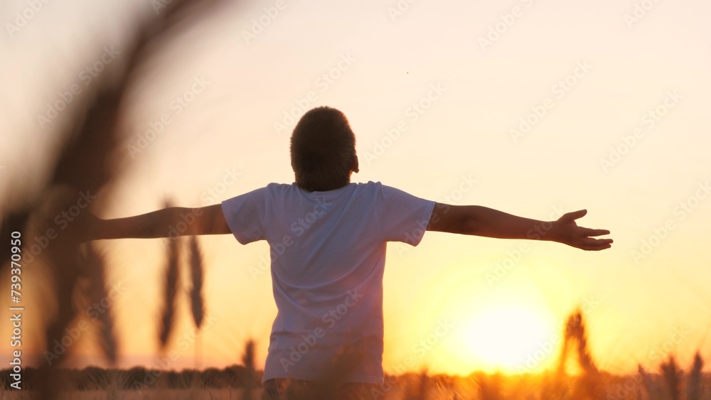 Relaxed male teenager standing at wheat field enjoy freedom silence at sunset sunrise sun sky closeup. Cheerful teen boy relaxing with open hands contemplate dawn sunlight recovery wellbeing outdoor