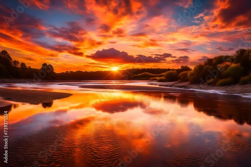 A vibrant sunset over a serene river beach, with waves gently rolling onto the shore, creating a picturesque reflection of the sky. © NOH