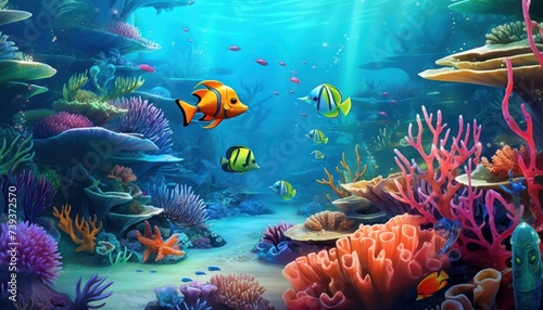 Fish in the water, coral reef, underwater life, various fish and exotic coral reefs