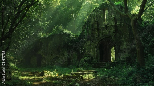 An enchanting forest hiding ancient ruins and forest