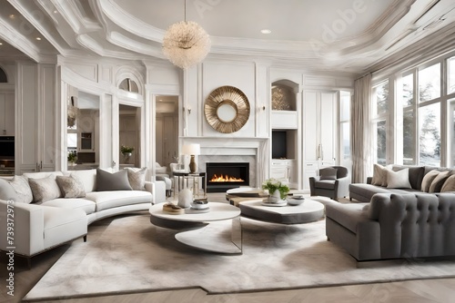 Luxurious living room interior design with fireplace and white kitchen