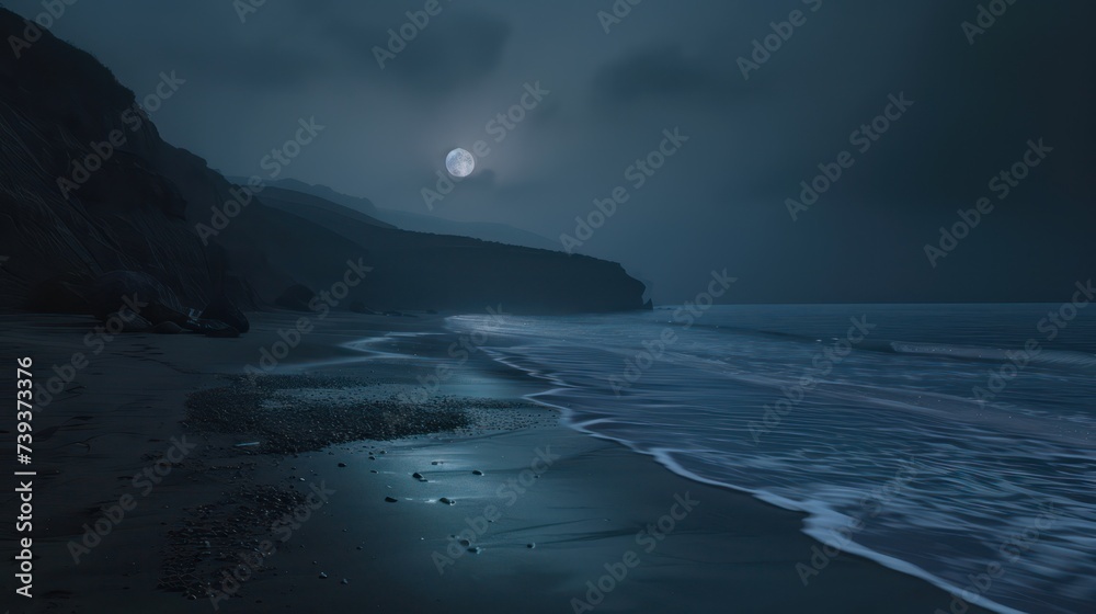 A melancholic beach scene at night, characterized by waves of sadness, loneliness, and solitude, steeped in melancholy and memories.
