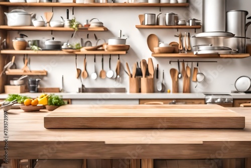 Wooden countertop with blurred kitchen utensils and furniture interior background