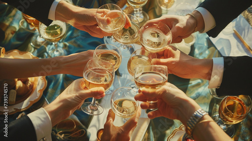 Celebratory Toast: Capture the couple raising glasses in a celebratory toast immediately after signing the document, surrounded by family and friends. Generative AI