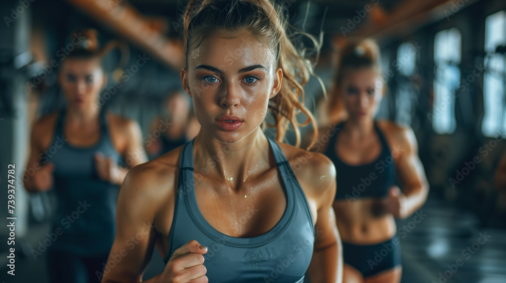 Young woman at the gym participating in intensive strenuous workout exercise class