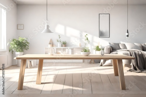 Empty wooden table with blurred view of scandinavian living room.3d rendering