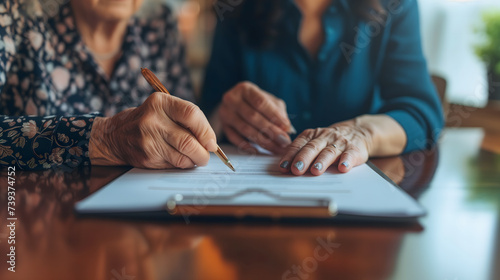 Gros plan sur une femme âgée en train de signer un document pour une donation de son vivant. photo