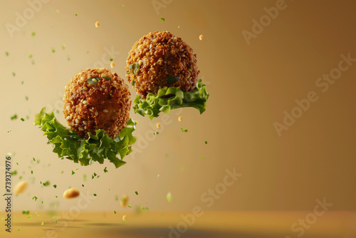 Levitation of falafel. Light yellow color background. Space for text. photo