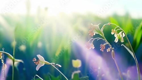 snowdrops with their delicate white bells illuminated by the morning sun in the rays of spring light.
Concept: spring equinox and gardening, red book plants, endangered species photo