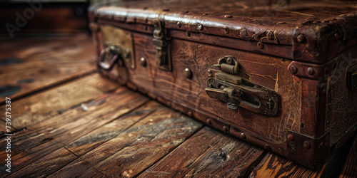 Antique Suitcase on Wooden Floor. Close-up of a weathered vintage suitcase resting on an old wooden floor, evoking nostalgia, copy space. © dinastya