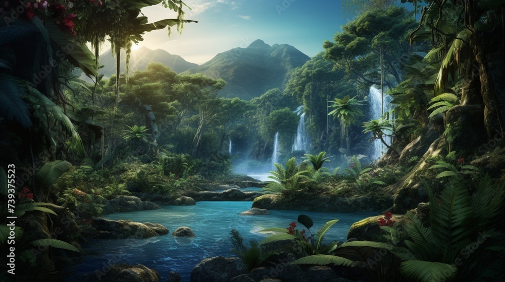 A highly detailed digital background that portrays a lush and vibrant jungle scene with realistic textures and an immersive feel, as if photographed with an HD camera,