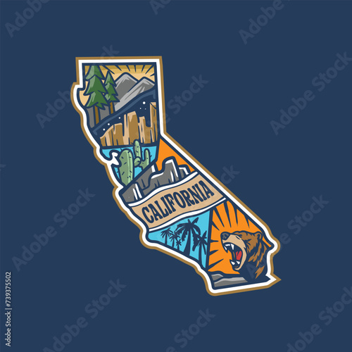 Outdoor monoline design, with california map. Tropical Stickers Callifornia, logo vector illustration. 