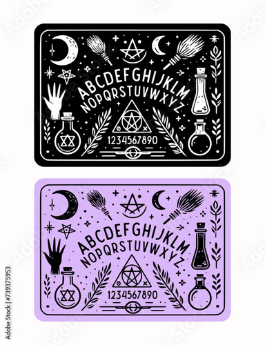 Set of Ouija board monoline badge, with black and purple color. Occultism Set. Vector Illustration.