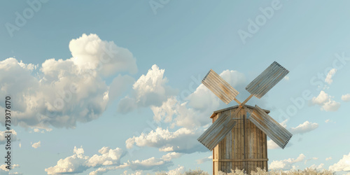 Rustic Windmill in Countryside. Serene rural scene with an old wooden windmill amidst a wildflower meadow, copy space.