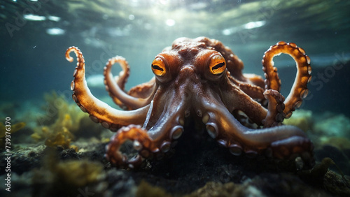 Close up photo of a small octopus in clear ocean water