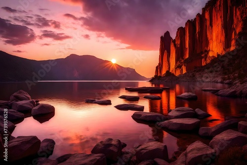 The sun setting behind jagged cliffs, illuminating the sky in a palette of oranges and purples, while a serene lake mirrors the stunning scene.