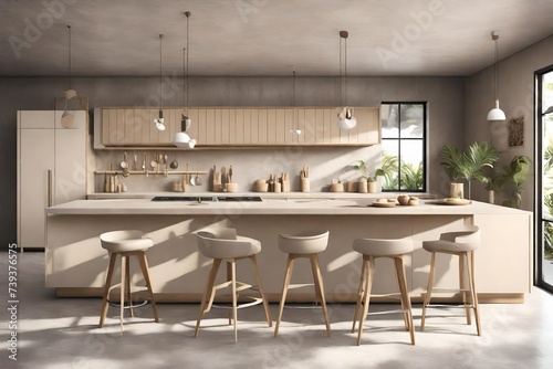 Beige kitchen interior with chairs and bar island on podium, grey concrete floor. Kitchenware on deck and shelf with art decoration. Panoramic window on tropics. 3D rendering