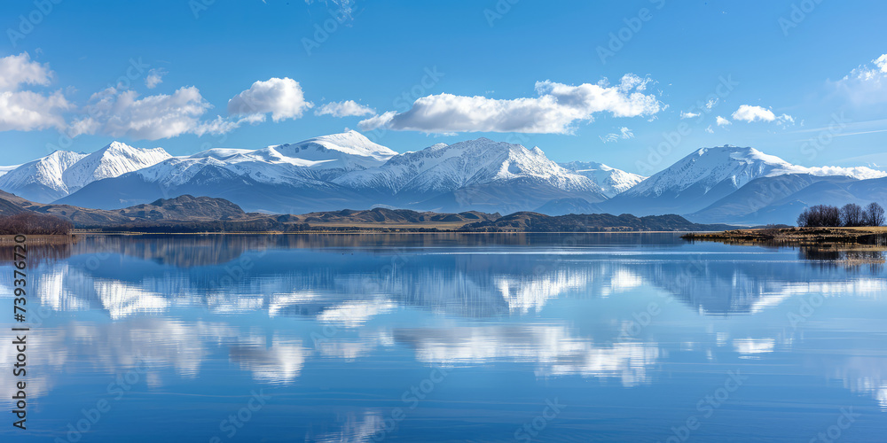 Snow-Capped Mountain Reflections on Lake Water. Pristine lake mirroring a majestic mountain range under clear skies.