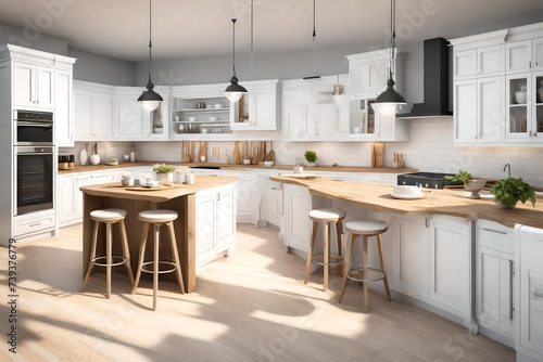 Traditional large L-shaped kitchen with large island and kitchen appliances. Kitchen interior with white cabinets and wooden island. 3D rendering