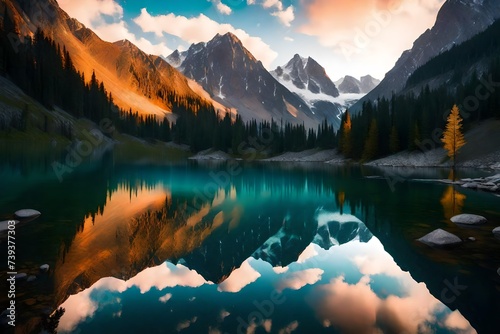 A serene lake surrounded by mountains  with the reflection of the colorful sky creating a picturesque scene.