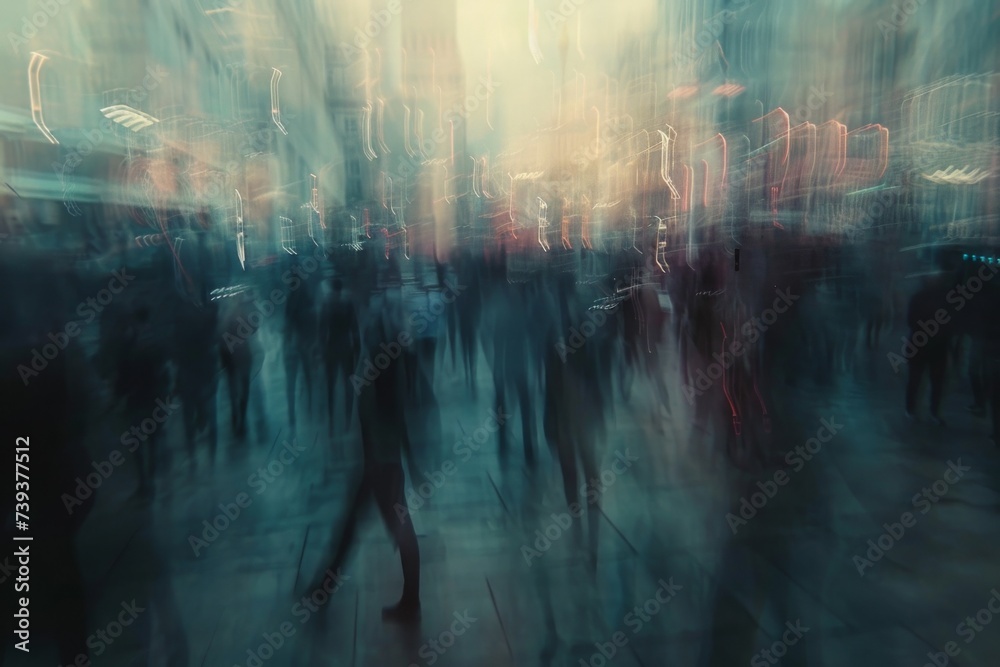 Abstract blurred motion of people in a busy urban street, concept of city life, movement, and anonymity.