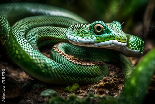 A close-up shot of a coiled Trimeresurus insularis ready to strike in its natural habitat, showcasing its distinctive white-lipped markings and intense gaze.