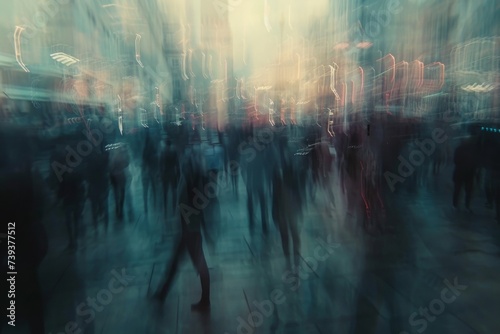 Abstract blurred motion of people in a busy urban street, concept of city life, movement, and anonymity. © JovialFox