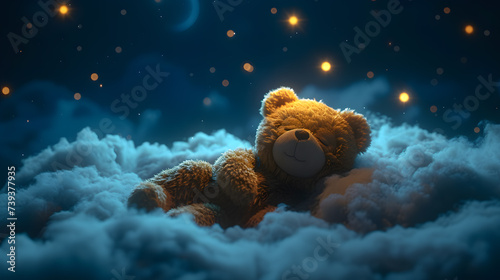 A bear is dreaming at night on a cloud.