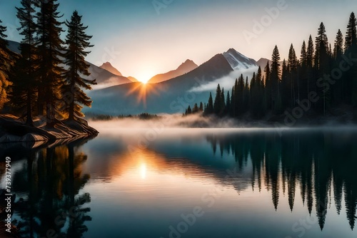 Serene sunrise over a pristine mountain lake, with reflections of the colorful sky dancing on the water.