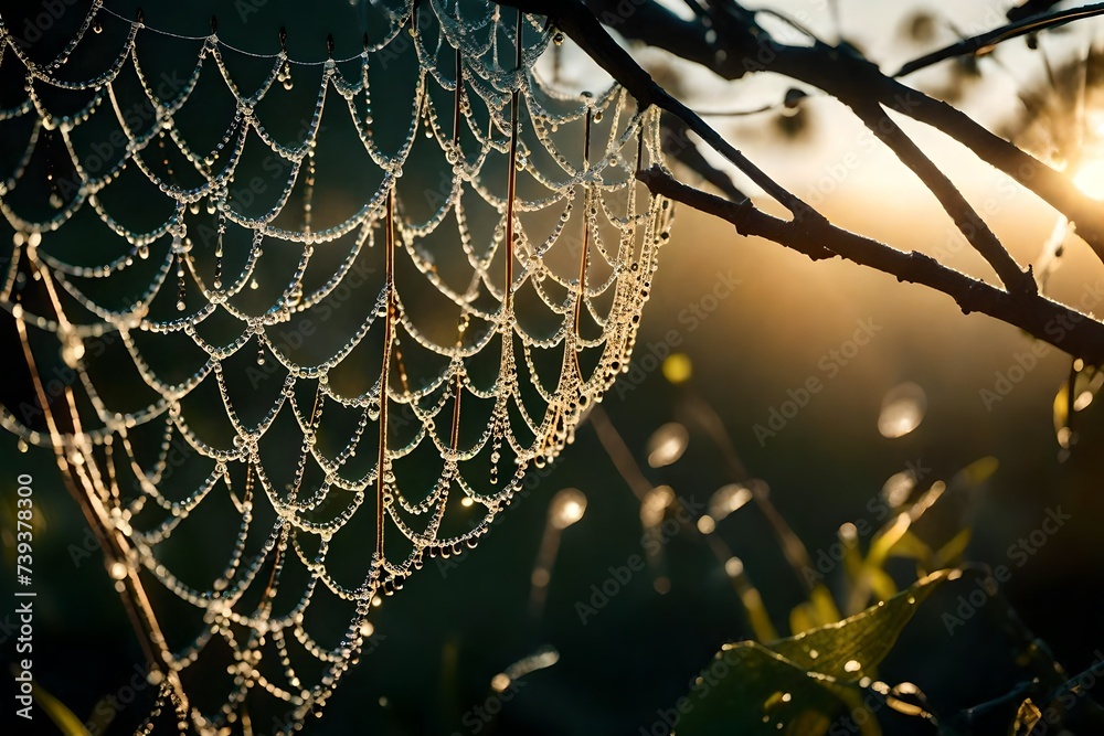 A close-up of dewdrops on a spiderweb in the early morning light, showcasing the intricate beauty of nature.