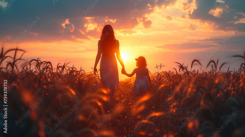 Mother encouraged Daughter outdoors at sunset, silhouette concept