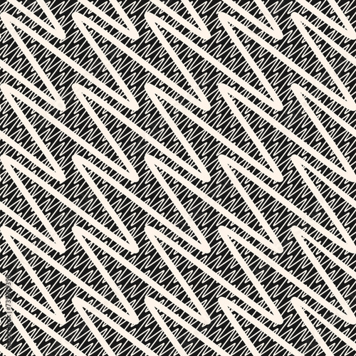 Vector zigzag seamless pattern. Stylish monochrome texture with diagonal zig zag, waves, scribble lines, stripes, chevron. Simple black and white abstract geometric background. Repeated modern design