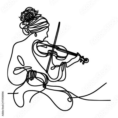 A gypsy woman plays the violin in a line drawing style