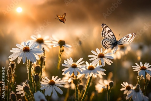 A close-up of dew-kissed white flowers in a field, catching the first rays of the sunrise, with a butterfly delicately perched on a petal.