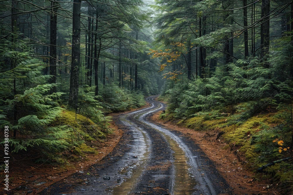 Fototapeta premium A tranquil journey through a lush oldgrowth forest, following a winding road surrounded by towering trees and vibrant foliage in the midst of an autumn woodland paradise