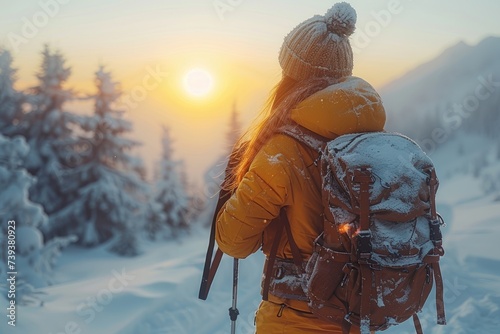 A brave adventurer braves the harsh winter conditions, donning a bright yellow coat and hat as she hikes through the snow-covered mountains with her trusty backpack and poles in hand, determined to c