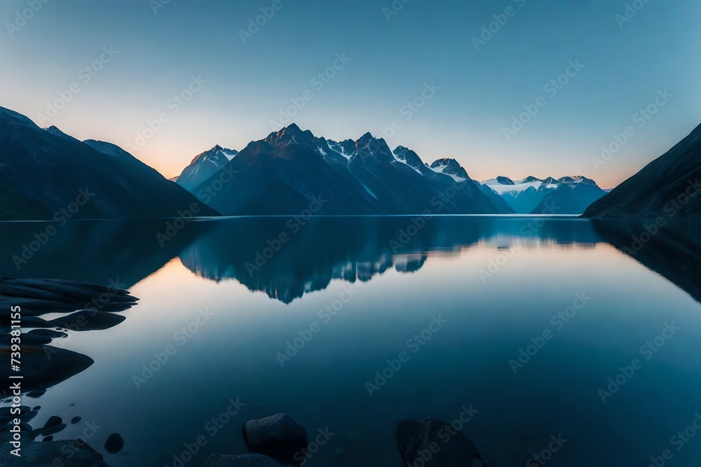 A tranquil fjord reflecting the last light of the day, with towering mountains creating a breathtaking backdrop in the fading twilight.