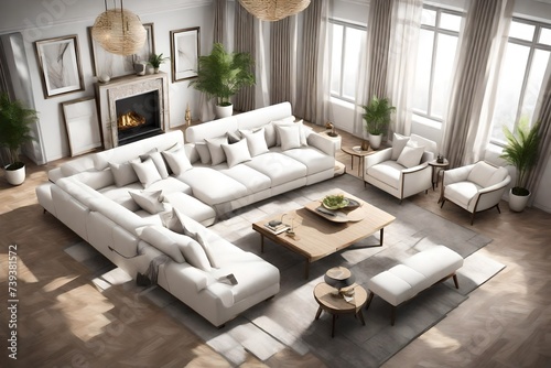 Luxury modern apartment living room in 3d renders. High angle view of a luxurious interior of an apartment living room with white sofa sets, armchairs and a wooden centre table.