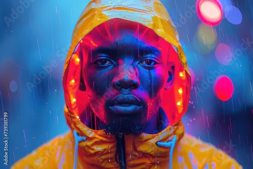 A vibrant portrait of a festival-goer, their human face beaming with excitement and adorned with a yellow rain coat and flashing red and blue lights, perfectly encapsulating the energetic and eclecti photo
