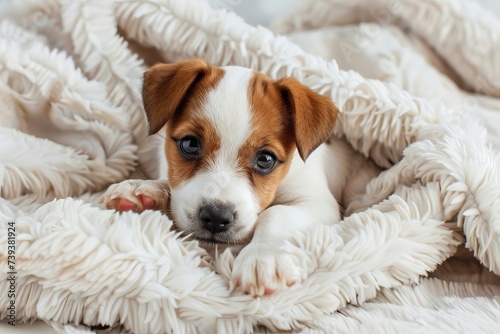 A cute little Jack Russell Terrier puppy comfortable lies on a white blanket. AI generative
