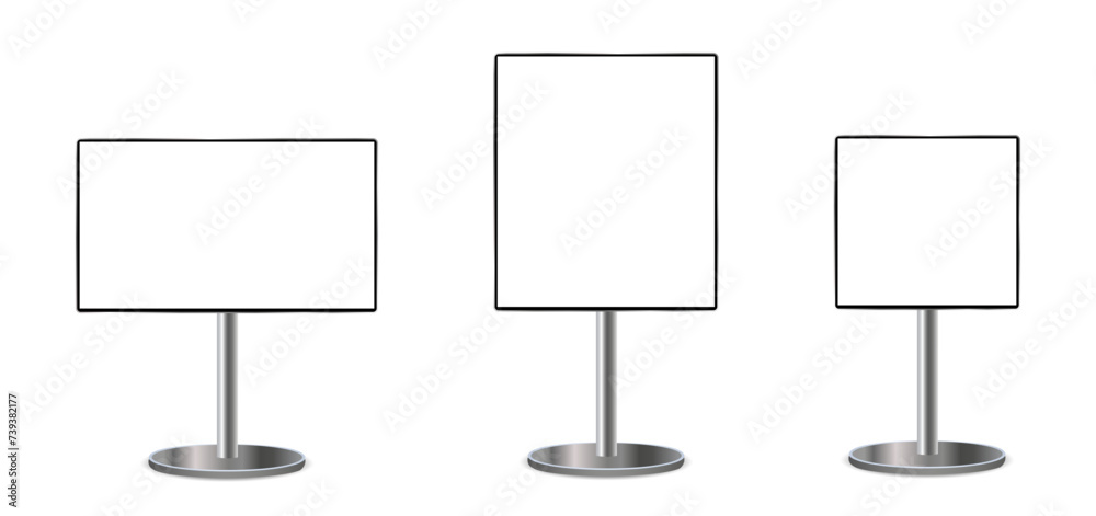 TV stand front view mockup set, digital video banner screen vertical and horizontal, television monitor on metal frame base, placed promotional display stand - obrazy, fototapety, plakaty 