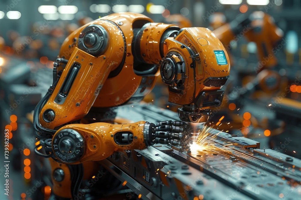 A diligent robot toils tirelessly in a bustling factory, ensuring the smooth operation of a complex and intricate machine through its expert engineering skills
