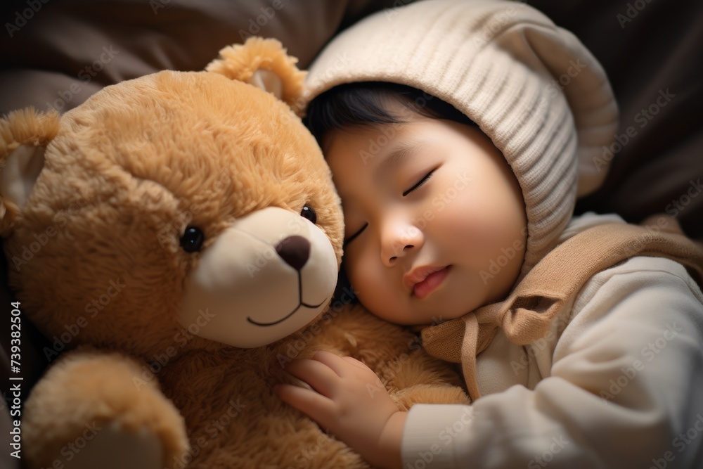 A young child sleeps soundly, cuddling with a plush teddy bear on a cozy bed. A young child sleeps soundly, cuddling with a plush teddy bear on a cozy bed.
