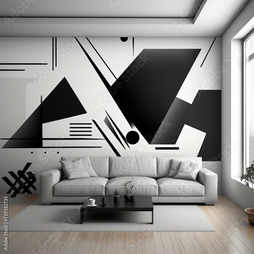 Sala minimalista decorada con cuadro abstracto photo