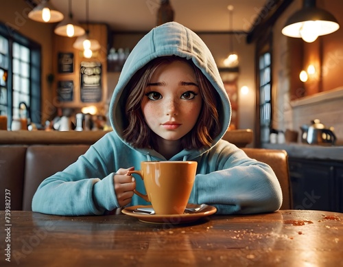 A girl in a hoodie is seated at a wooden table, holding a coffee cup. She seems to be enjoying a fun moment of sharing a drink with someone