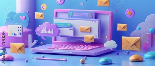 3d render of laptop with flying envelopes and letter, illustrating the concept of email marketing. 