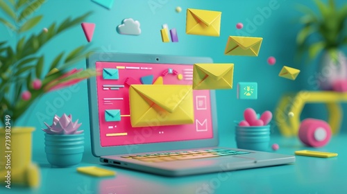 3d render of laptop with flying envelopes and letter, illustrating the concept of email marketing.
 photo