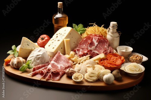 Gourmet Italian charcuterie board with assorted cheeses, meats, and pasta
